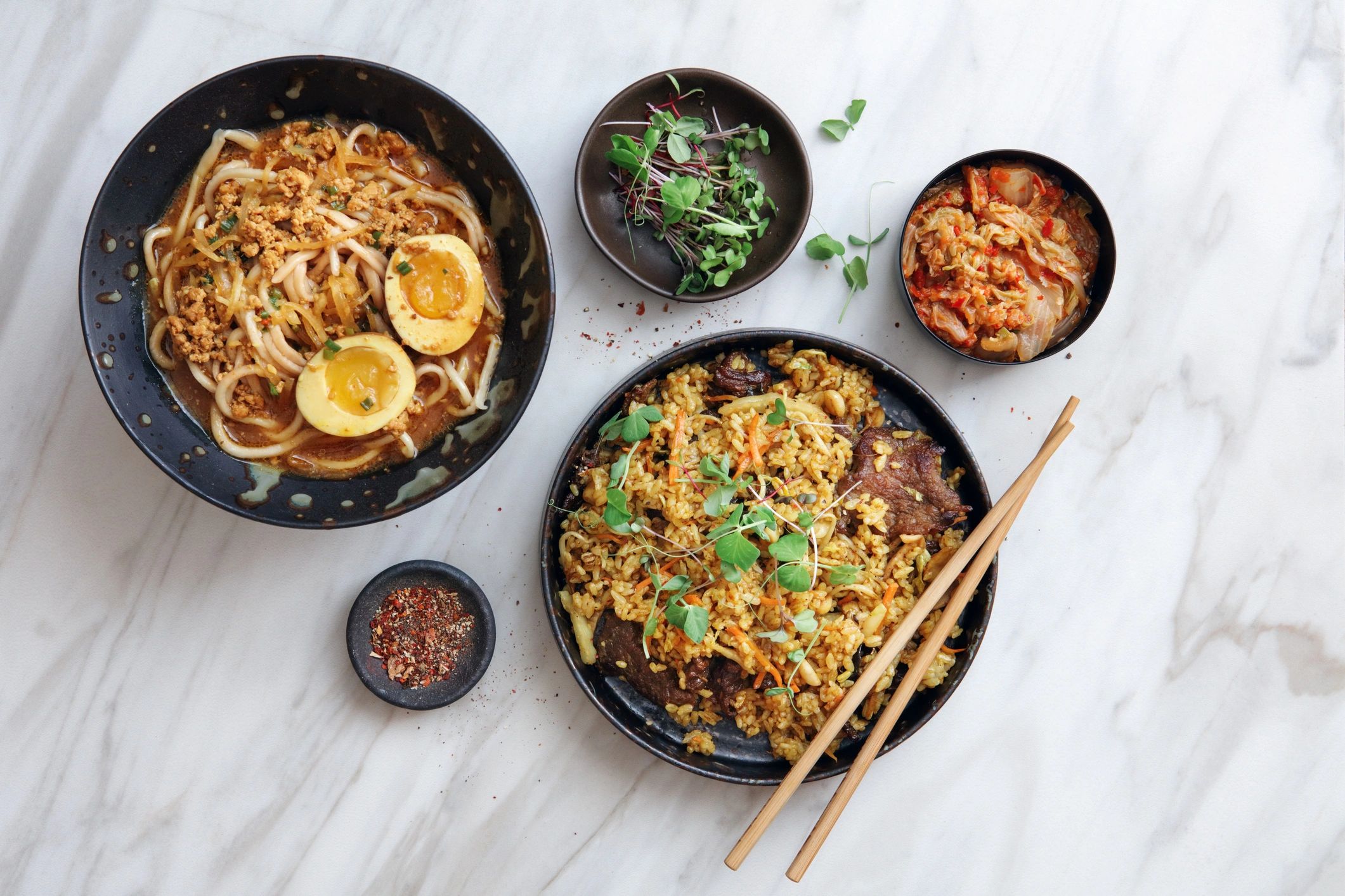 Fusion fried rice and noodles served street food style