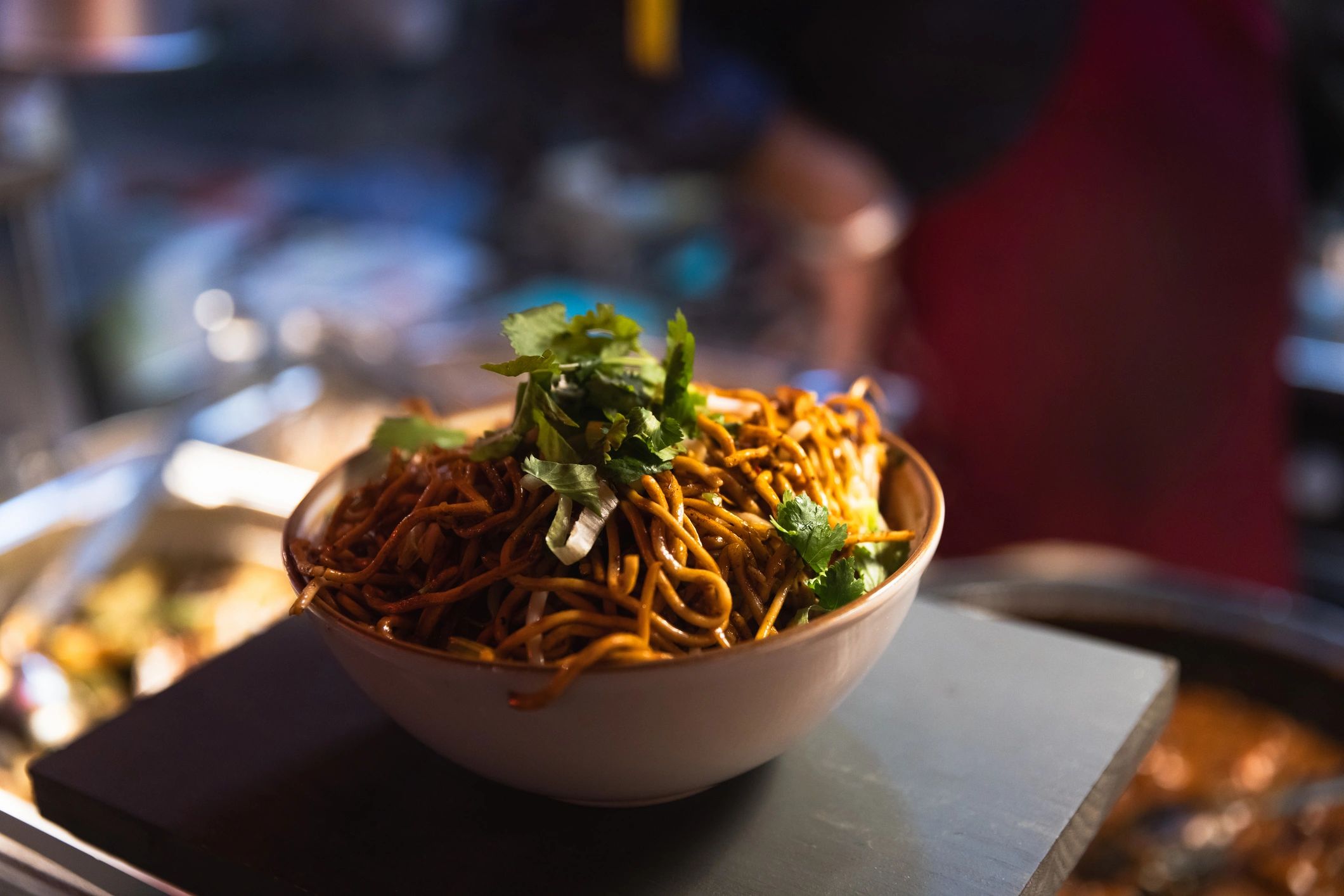 Steaming noodle bowl prepared fresh