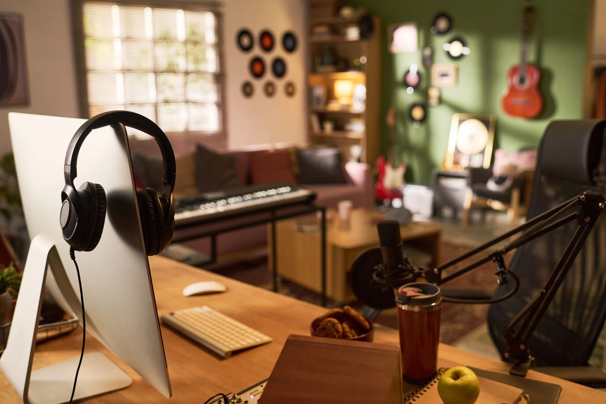 Podcast studio production workspace with recording equipment