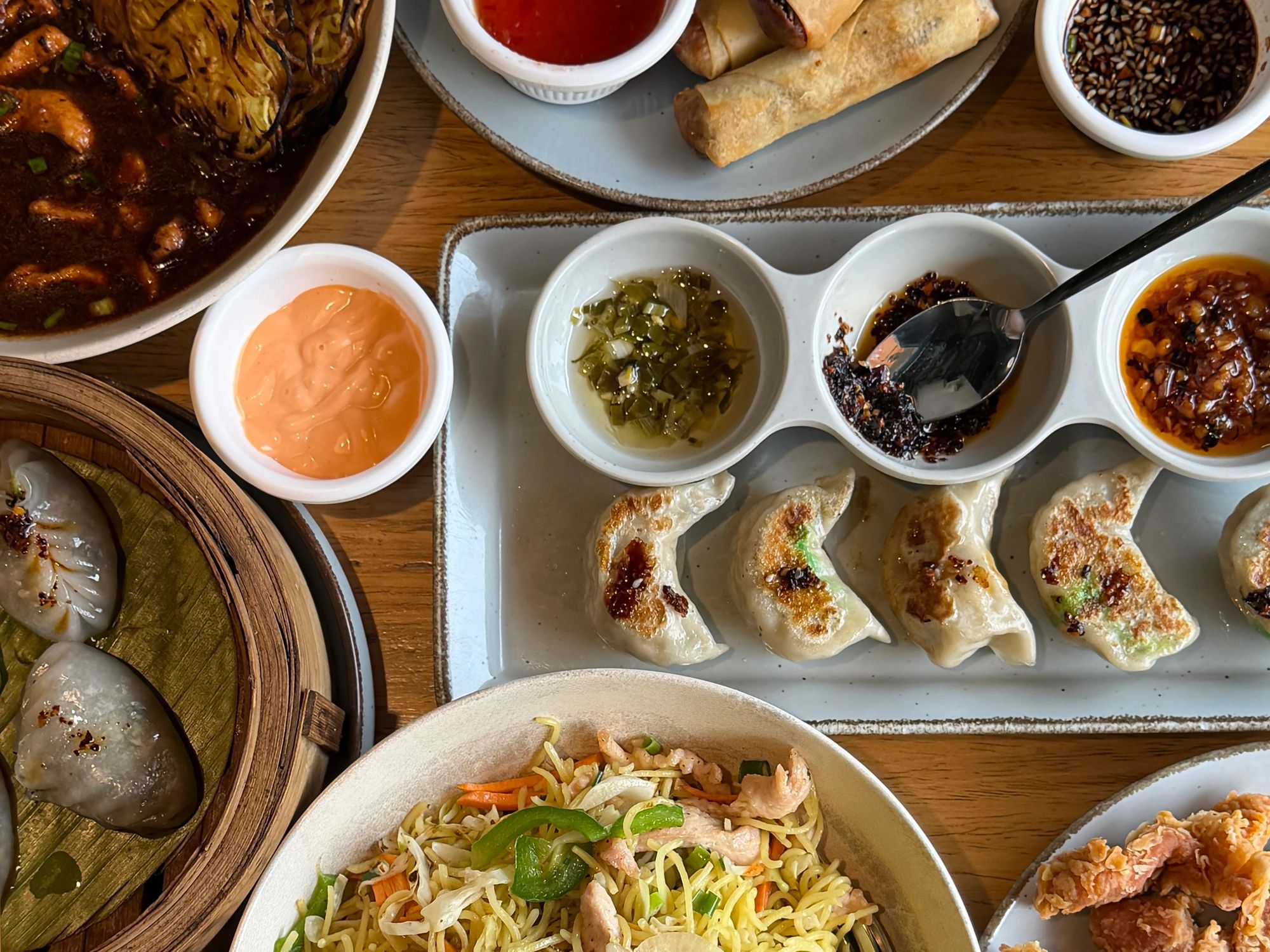 Asian street food feast with noodles dumplings and gyoza
